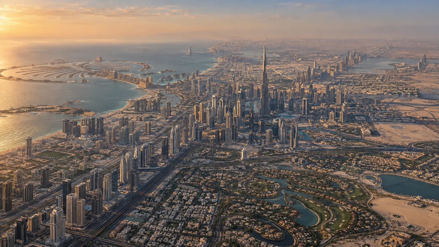 AI-generated panoramic aerial illustration of Dubai and its coastline