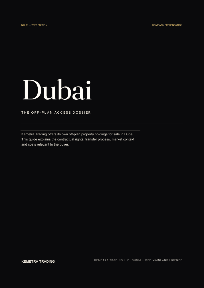 Cover of Kemetra Trading's Dubai off-plan investment guide, 2026 edition
